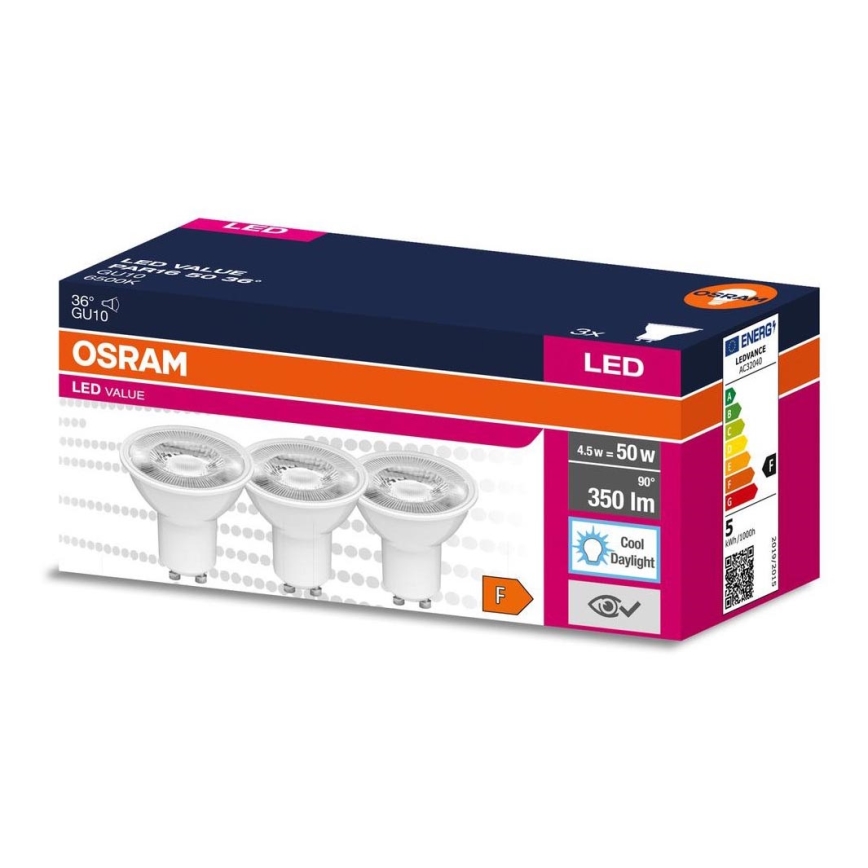 SET 3x LED-Leuchtmittel PAR16 GU10/4,5W/230V 6500K 36° - Osram