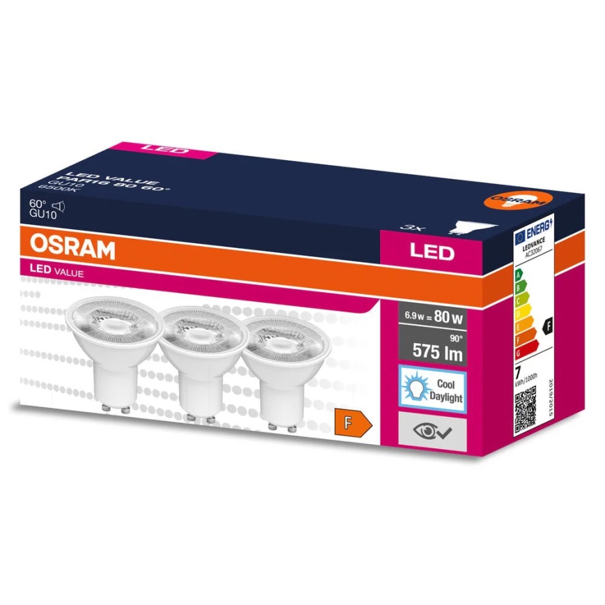 SET 3x LED-Reflektorlampe PAR16 GU10/6,9W/230V 6500K 60° - Osram