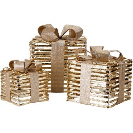 Set 3x LED-Weihnachtsdekoration 20xLED/2xAA + 30xLED/3xAA + 40xLED/3xAA warmweiß Geschenke/gold