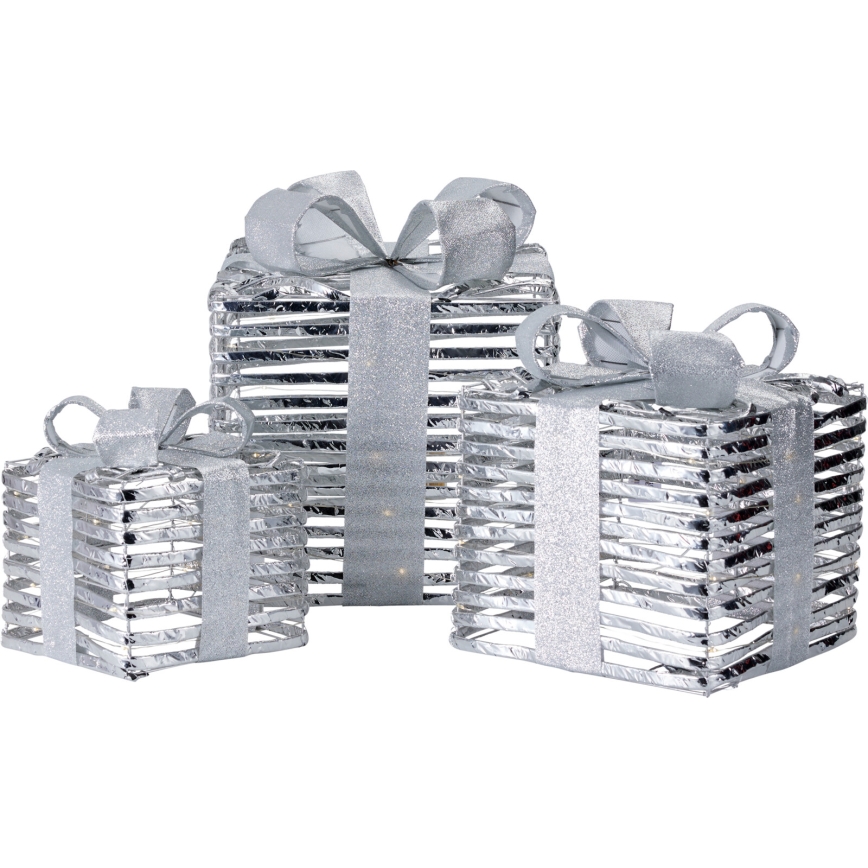 SET 3x LED Weihnachtsdekoration 20xLED/2xAA + 30xLED/3xAA + 40xLED/3xAA warmweiß Geschenke/silber