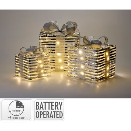 SET 3x LED Weihnachtsdekoration 20xLED/2xAA + 30xLED/3xAA + 40xLED/3xAA warmweiß Geschenke/silber