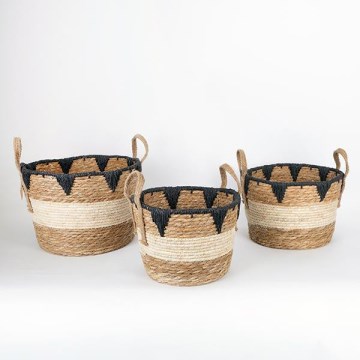SET 3x Strohkorb beige/schwarz 27x20/30x22/36x28 cm