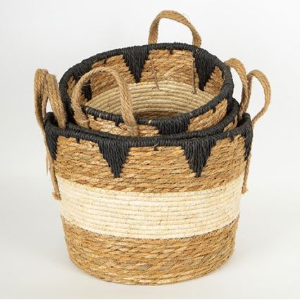 SET 3x Strohkorb beige/schwarz 27x20/30x22/36x28 cm