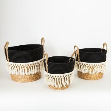 SET 3x Strohkorb beige/schwarz/weiß 25x17x23/28x22x25/35x28x30 cm