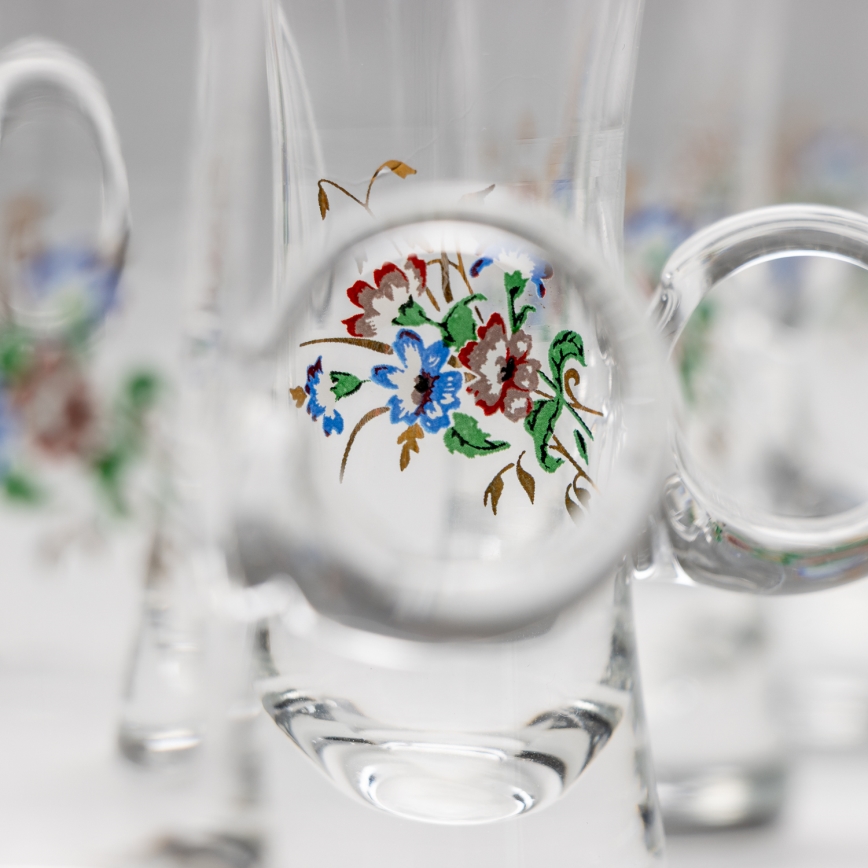 Set 6x Likörglas mit Henkel klar mit Blumenstrauß-Motiv Nr. 2