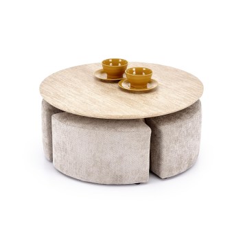 Set Couchtisch NUGAT Ø 80 cm + 4x Hocker Travertin/grau