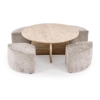 Set Couchtisch NUGAT Ø 80 cm + 4x Hocker Travertin/grau