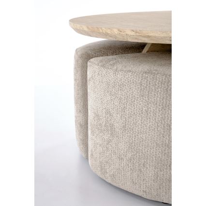 Set Couchtisch NUGAT Ø 80 cm + 4x Hocker Travertin/grau