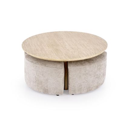 Set Couchtisch NUGAT Ø 80 cm + 4x Hocker Travertin/grau