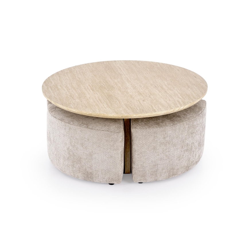 Set Couchtisch NUGAT Ø 80 cm + 4x Hocker Travertin/grau