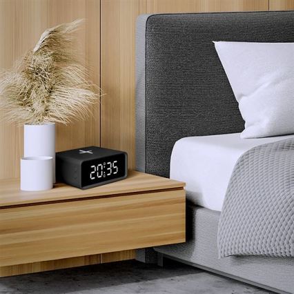 Digitaluhr mit Qi‑Ladefunktion (kabellos), 230 V / CR2032, schwarz