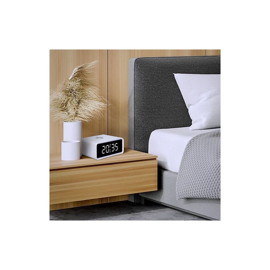 Digitaluhr mit kabelloser Qi-Ladefunktion 230V/CR2032 weiß