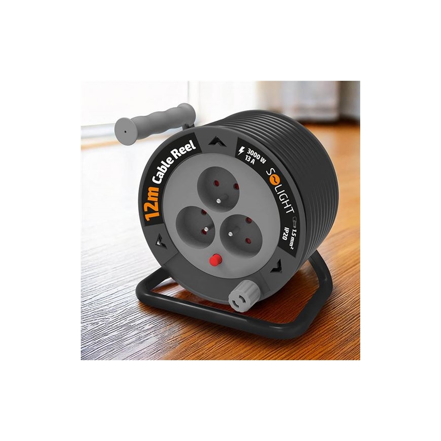 Kabeltrommel mit 3 Steckdosen, 12 m