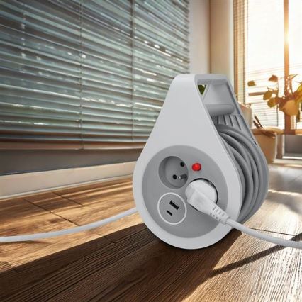 Aufrollbare Kabeltrommel mit 2 Steckdosen und USB‑A/USB‑C, 10 m