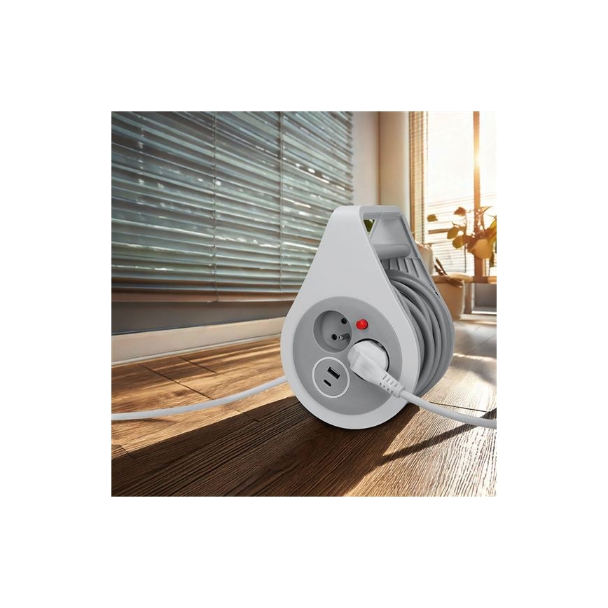 Aufrollbare Kabeltrommel mit 2 Steckdosen und USB‑A/USB‑C, 10 m