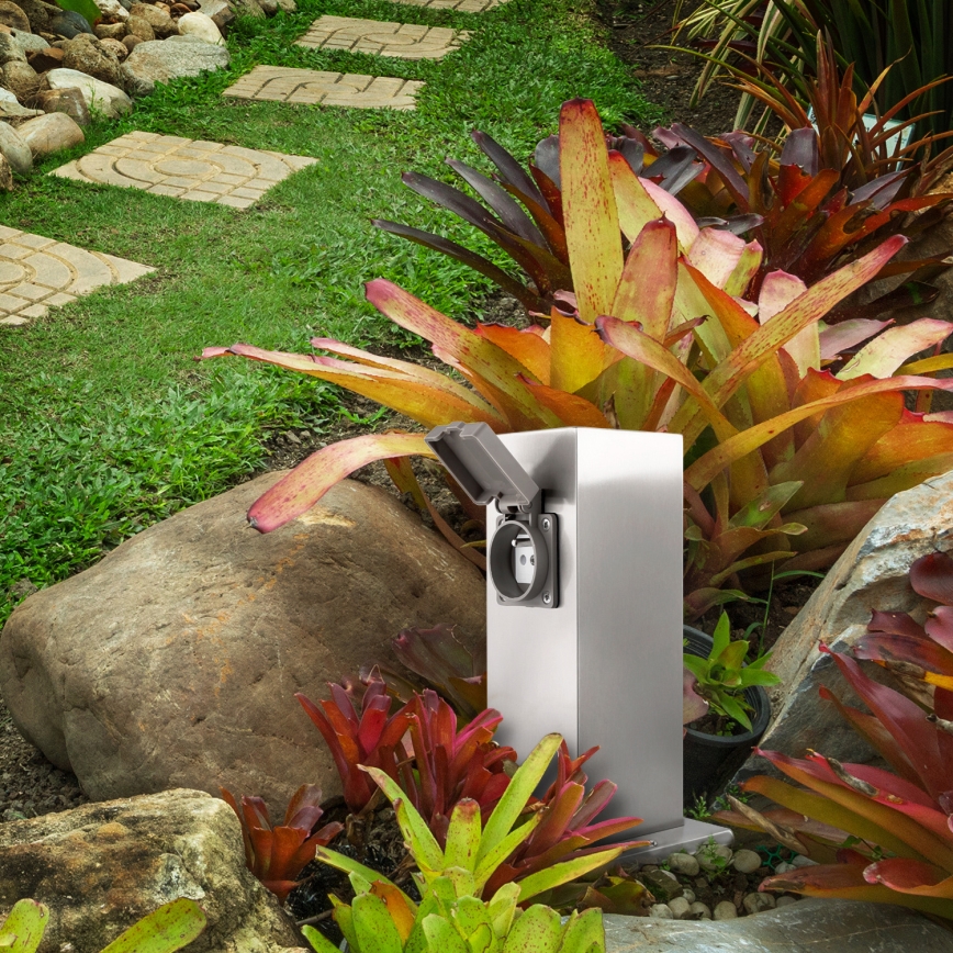 Außensteckdosensäule 2-fach 230V IP44 mattchrom eckig