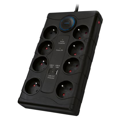 Verlängerungskabel mit Schalter und Überspannungsschutz, 8-fach, Typ E + 1x USB-A + 1x USB-C, 2 m, schwarz
