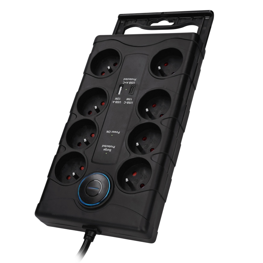 Verlängerungskabel mit Schalter und Überspannungsschutz, 8-fach, Typ E + 1x USB-A + 1x USB-C, 2 m, schwarz