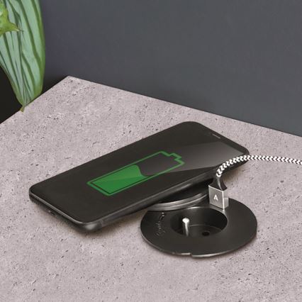 Einbausteckdose mit 10 W kabellosem Laden, 1x Steckdose + USB-A & USB-C, schwarz