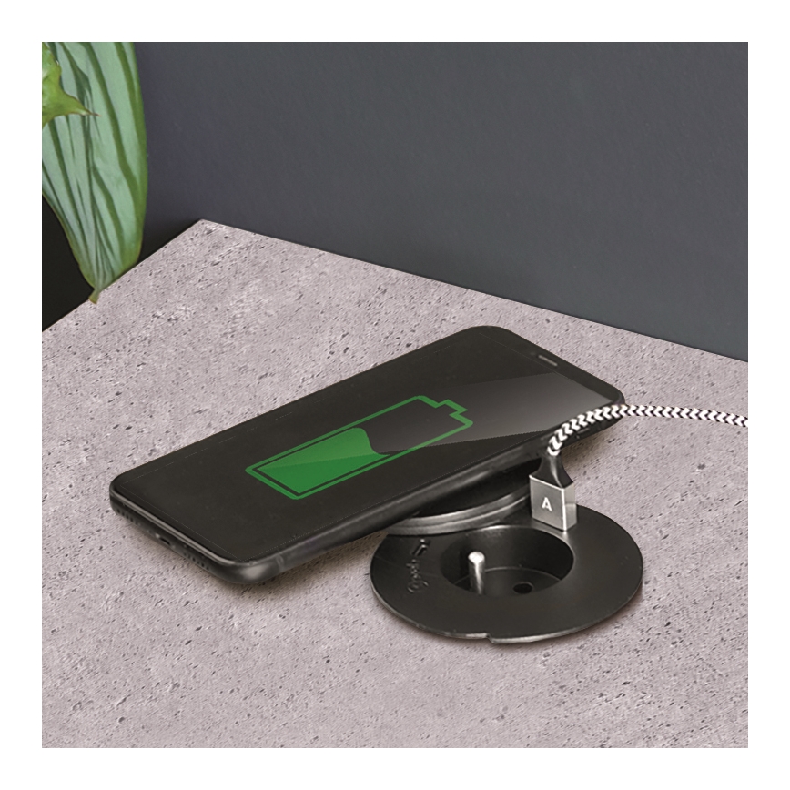 Einbausteckdose mit 10 W kabellosem Laden, 1x Steckdose + USB-A & USB-C, schwarz