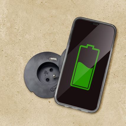 Einbausteckdose mit 10 W kabellosem Laden, 1x Steckdose + USB-A & USB-C, schwarz