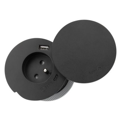 Einbausteckdose mit 10 W kabellosem Laden, 1x Steckdose + USB-A & USB-C, schwarz