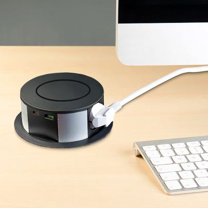 Steckdosensäule für Tischplatte mit kabelloser Qi-Aufladung 3x230V + 1xUSB-A + 1xUSB-C schwarz/silbern
