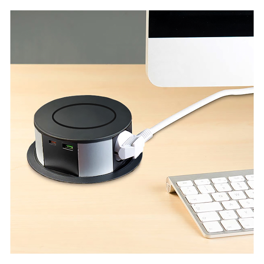 Steckdosensäule für Tischplatte mit kabelloser Qi-Aufladung 3x230V + 1xUSB-A + 1xUSB-C schwarz/silbern