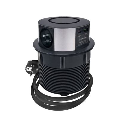 Steckdosensäule für Tischplatte mit kabelloser Qi-Aufladung 3x230V + 1xUSB-A + 1xUSB-C schwarz/silbern