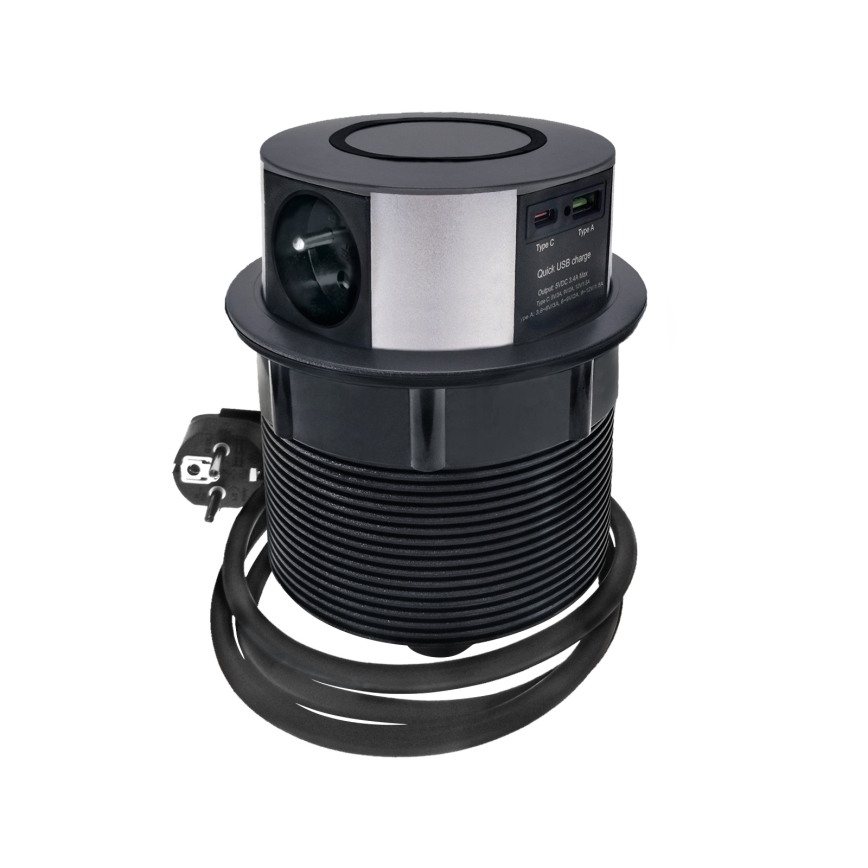 Steckdosensäule für Tischplatte mit kabelloser Qi-Aufladung 3x230V + 1xUSB-A + 1xUSB-C schwarz/silbern