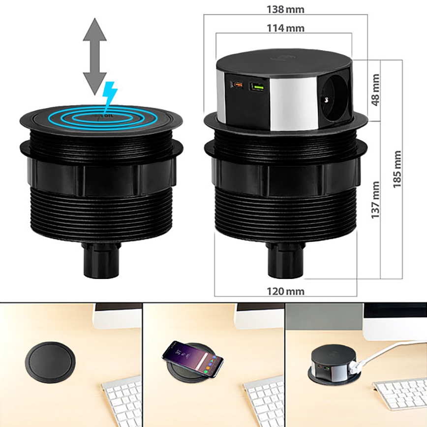 Steckdosensäule für Tischplatte mit kabelloser Qi-Aufladung 3x230V + 1xUSB-A + 1xUSB-C schwarz/silbern