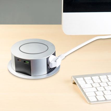 Steckdosensäule für Tischplatte mit kabelloser Qi-Aufladung 3x230V + 1xUSB-A + 1xUSB-C silbern/schwarz
