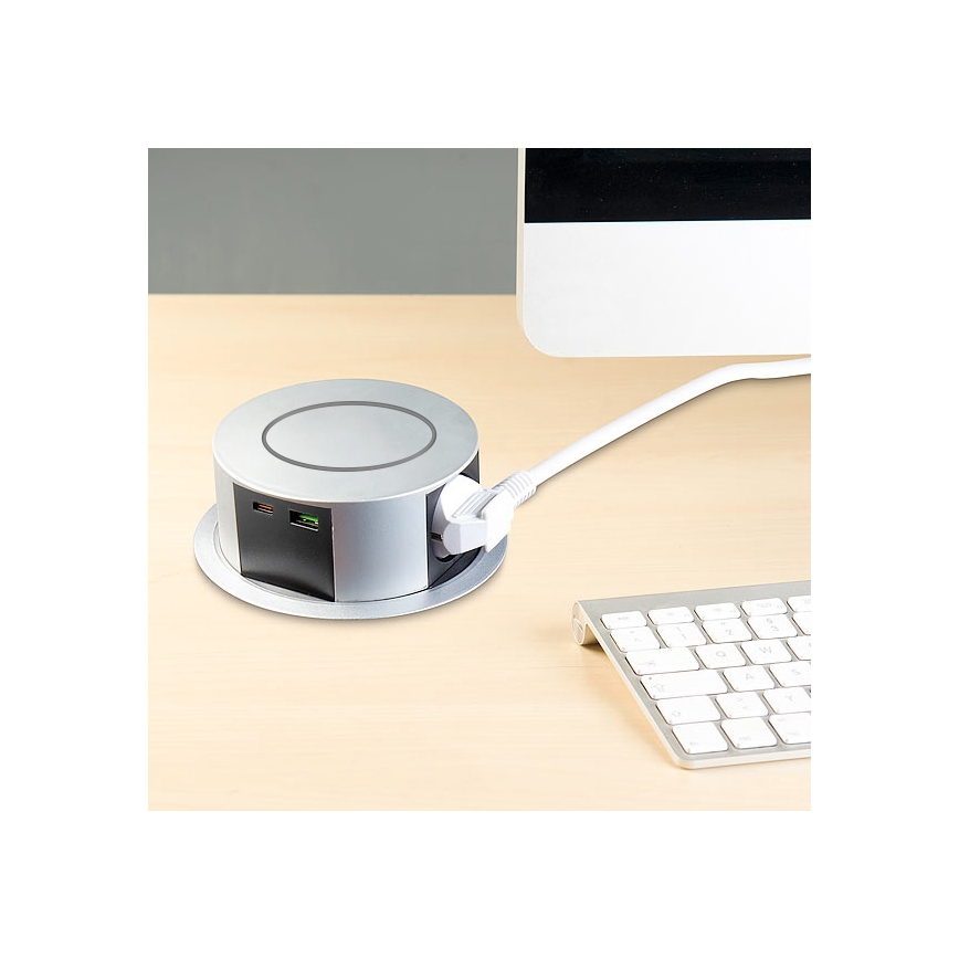 Steckdosensäule für Tischplatte mit kabelloser Qi-Aufladung 3x230V + 1xUSB-A + 1xUSB-C silbern/schwarz