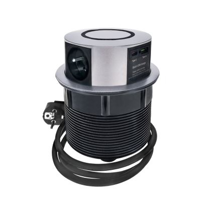 Steckdosensäule für Tischplatte mit kabelloser Qi-Aufladung 3x230V + 1xUSB-A + 1xUSB-C silbern/schwarz