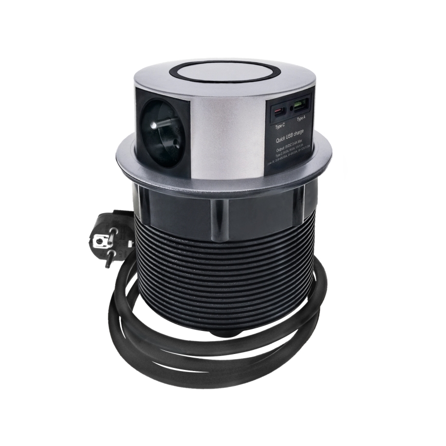 Steckdosensäule für Tischplatte mit kabelloser Qi-Aufladung 3x230V + 1xUSB-A + 1xUSB-C silbern/schwarz