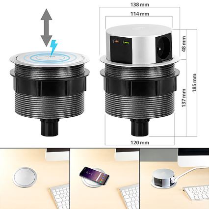 Steckdosensäule für Tischplatte mit kabelloser Qi-Aufladung 3x230V + 1xUSB-A + 1xUSB-C silbern/schwarz