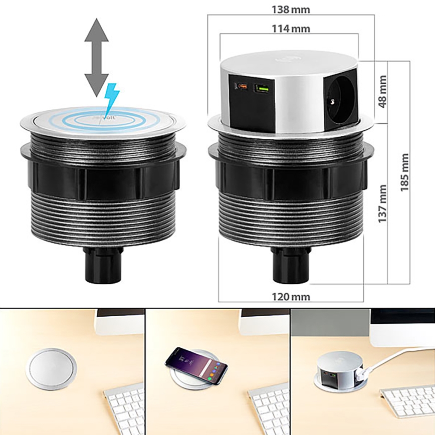 Steckdosensäule für Tischplatte mit kabelloser Qi-Aufladung 3x230V + 1xUSB-A + 1xUSB-C silbern/schwarz