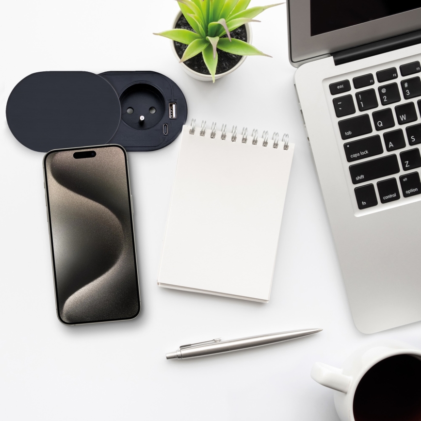 Einbausteckdose mit Schiebeabdeckung 20W, 1x Steckdose + USB A+C, schwarz