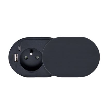 Einbausteckdose mit Schiebeabdeckung 20W, 1x Steckdose + USB A+C, schwarz