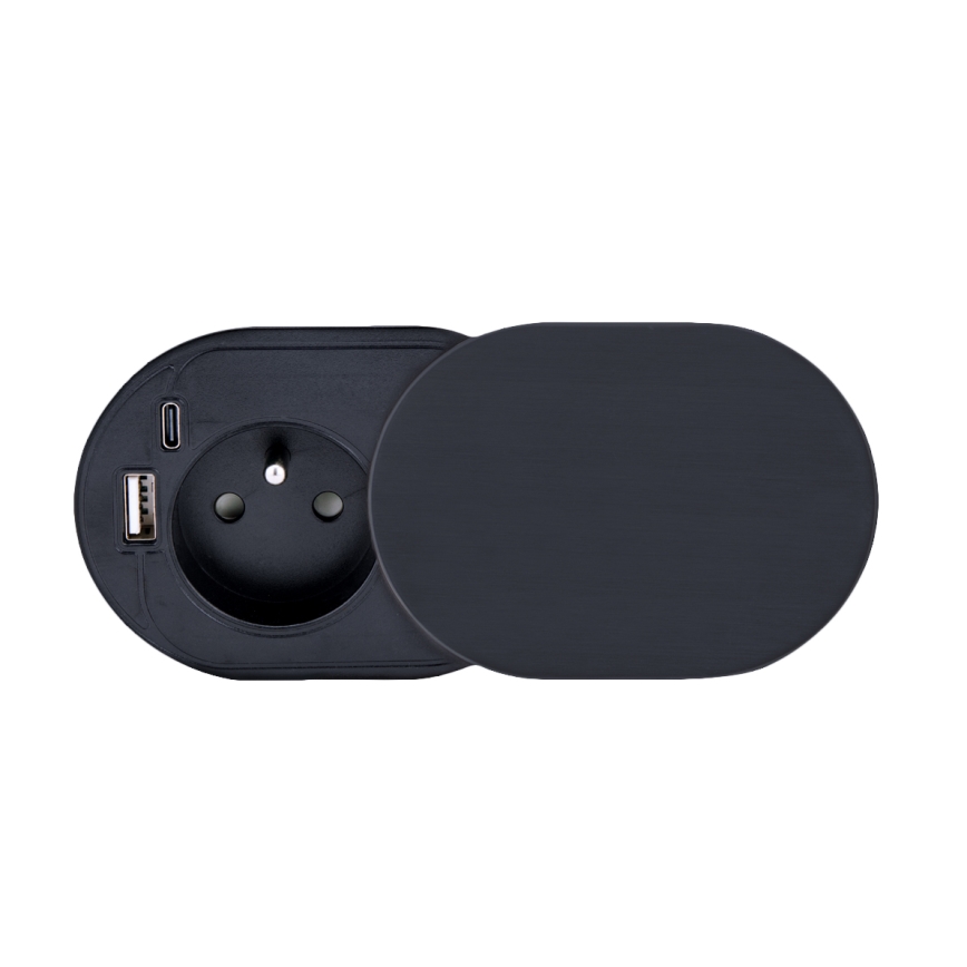 Einbausteckdose mit Schiebeabdeckung 20W, 1x Steckdose + USB A+C, schwarz