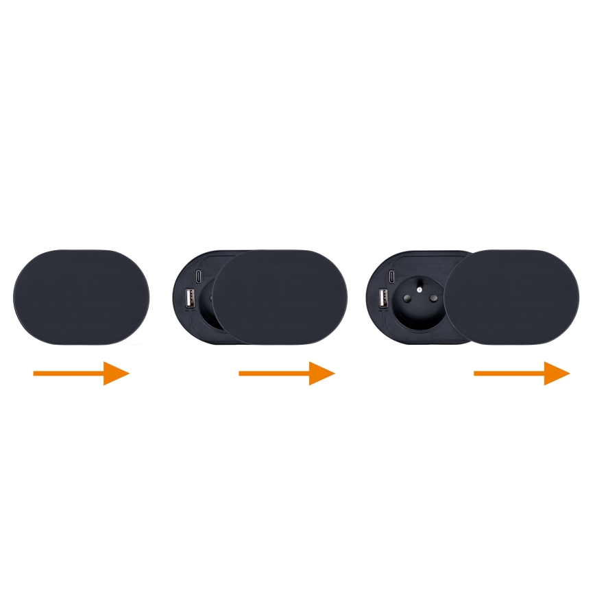 Einbausteckdose mit Schiebeabdeckung 20W, 1x Steckdose + USB A+C, schwarz