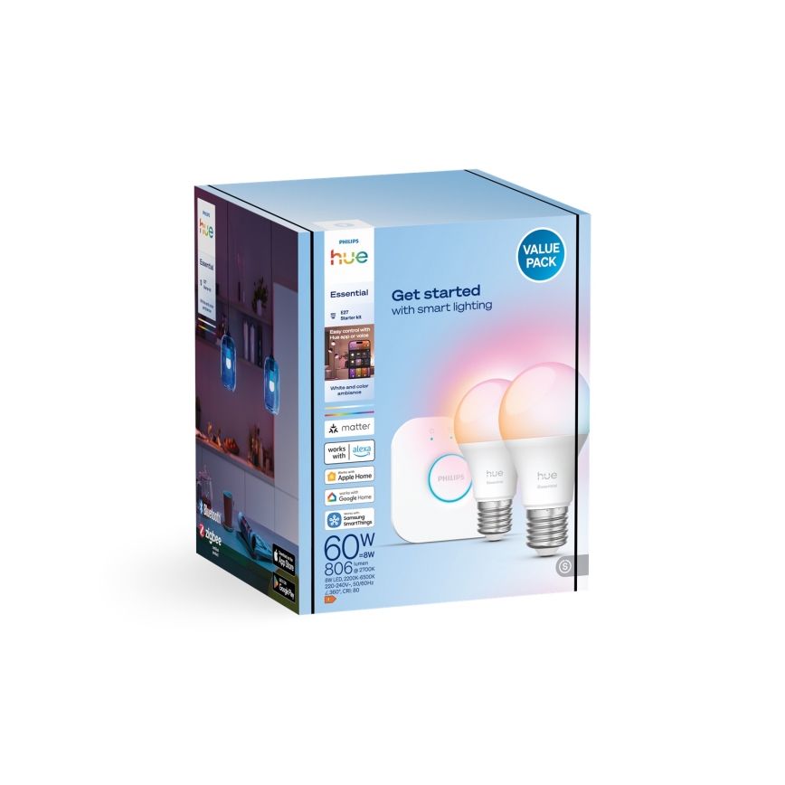 Starter-Set Philips Hue White And Color Ambiance Essential 2xE27/8W/230V 2200-6500K + Verbindungsgerät