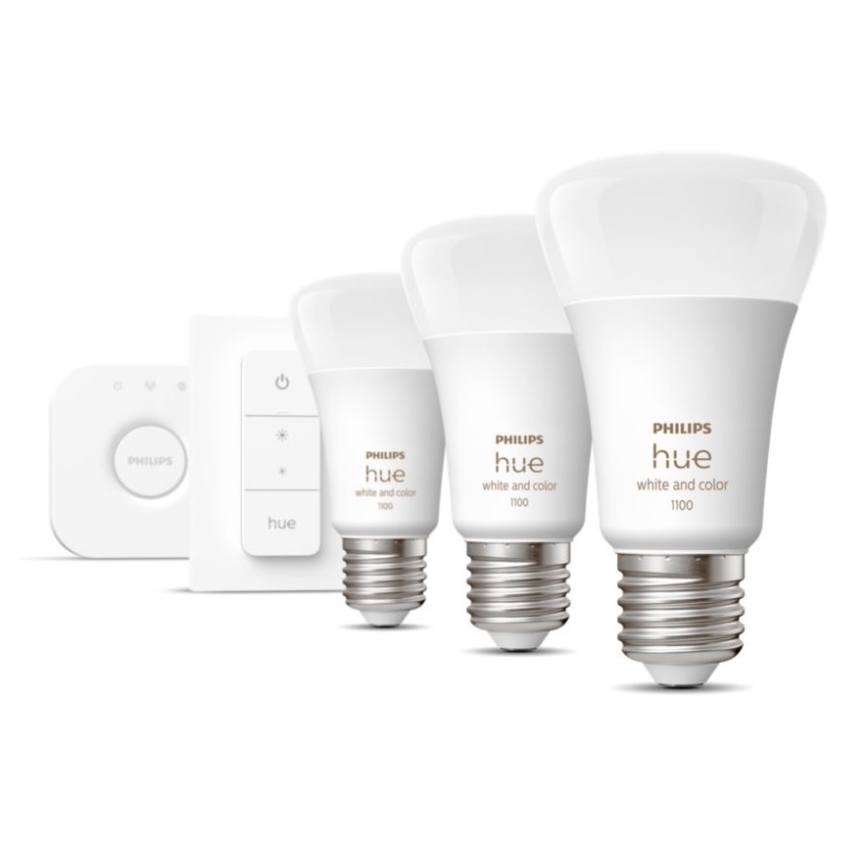 Philips Hue WHITE AND COLOR AMBIANCE Starter-Set 3×E27/9W 2000–6500K + Hue Bridge und Dimmer Switch