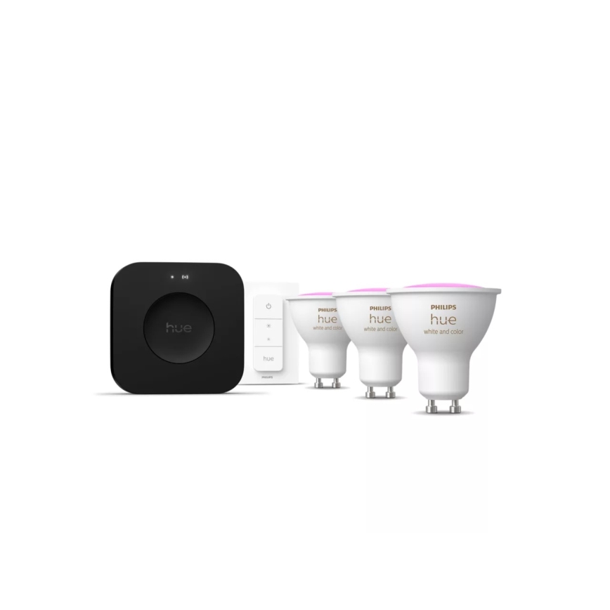 Starter-Set Philips Hue WHITE AND COLOR AMBIANCE 3xGU10/4,2W 2000-6500K + Hue Bridge und Dimmer Switch