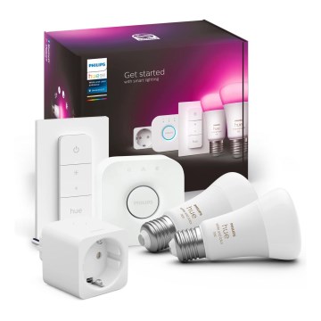 Starter-Set Philips Hue WHITE AND COLOR AMBIANCE 2xE27/9W/230V 2200-6500K + smarte Steckdose, Hue Bridge und Dimmschalter