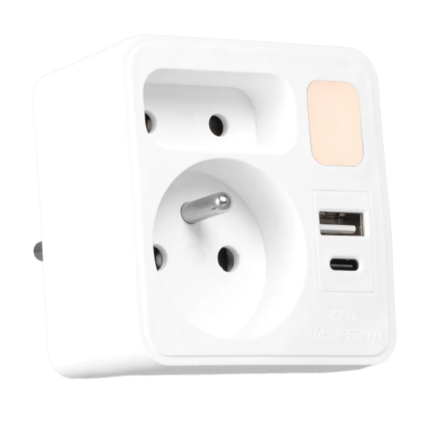 Steckdosenverteiler 2 Steckdosen + USB-C + USB-A mit LED-Beleuchtung LED/0,5W/230V 3000K