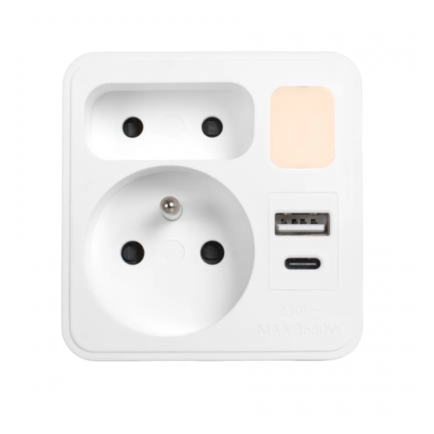 Steckdosenverteiler 2 Steckdosen + USB-C + USB-A mit LED-Beleuchtung LED/0,5W/230V 3000K