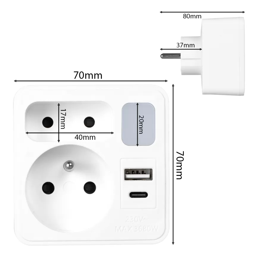 Steckdosenverteiler 2 Steckdosen + USB-C + USB-A mit LED-Beleuchtung LED/0,5W/230V 3000K