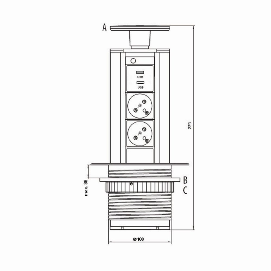 Steckdosenleiste für Tischplatte 2x230V +USB-A 3,1A +UBS-C 15,5W 230V