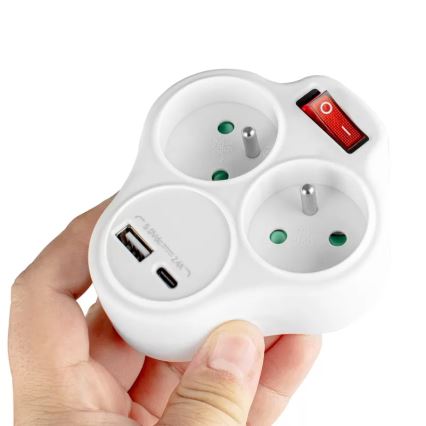 Steckdosenleiste mit Schalter, 2 Steckdosen + USB‑C + USB‑A